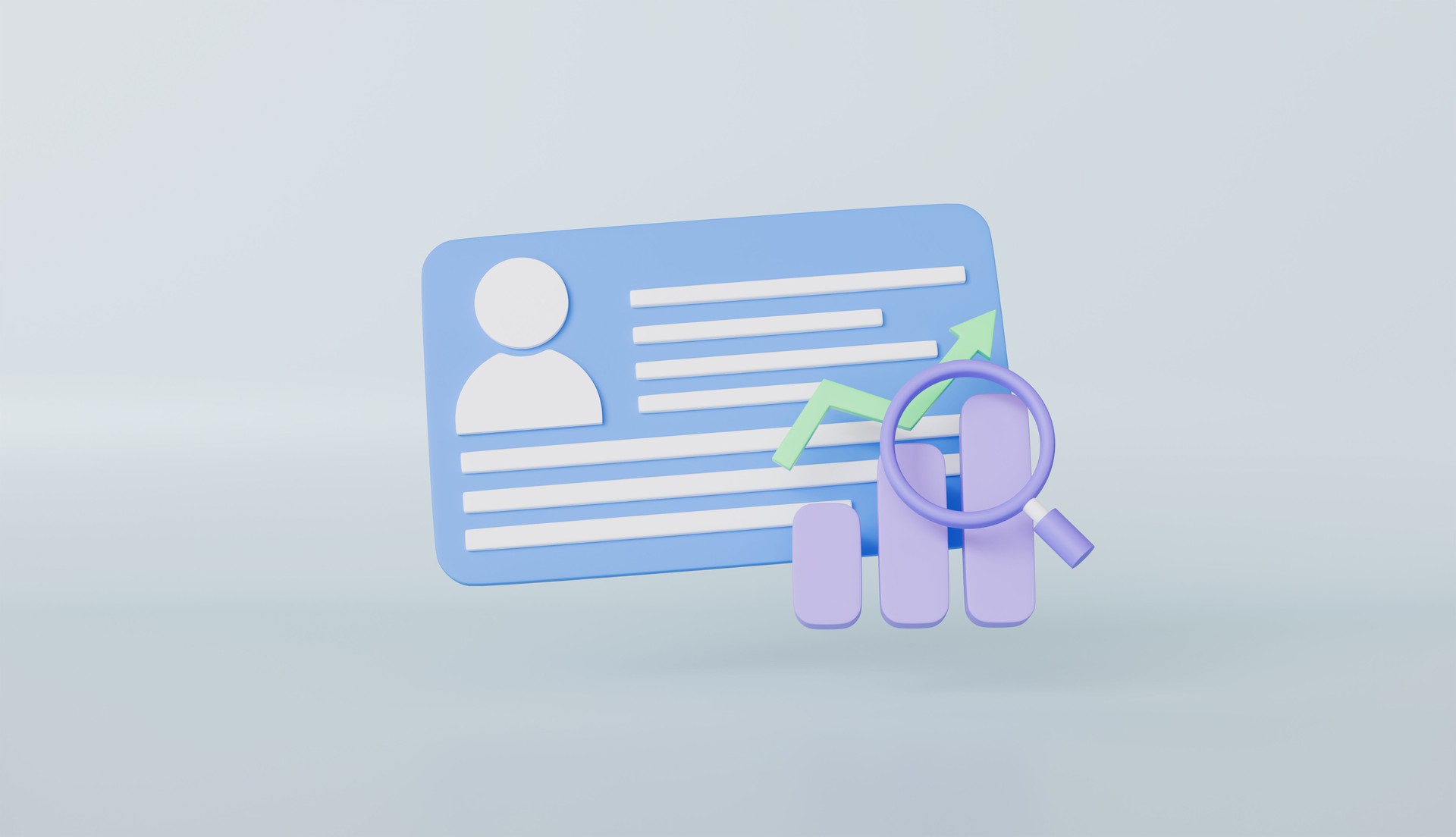 Card with personal badge, business card icon with search bar, magnifying glass for research info, identity profile